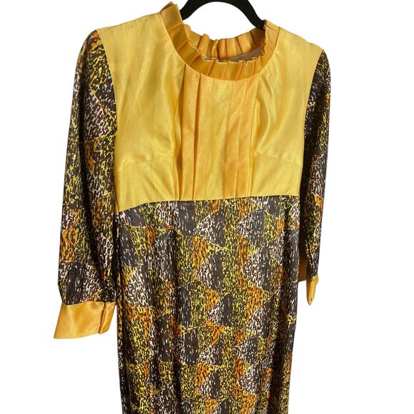 60s Mayfair Cotton Lined Yellow Fall Abstract Maxi Dress Pleated Long Sleeve - Picture 4 of 8